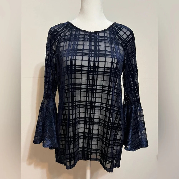 LC Lauren Conrad Women's Top Small 3/4 Bell Sleeves Semi-Sheer Velvet Blue - Picture 3 of 12